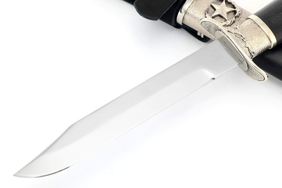 Нож разведчика НР-40 сталь Elmax мельхиор, деревянные ножны черный граб