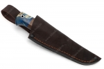 Нож Соболёк (Булат, рукоять стабилизированный кап клёна синий, венге, фибра) - Фотография ножен из натуральной кожи