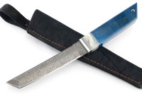 Нож Самурай малый (дамаск, акрил белый, карельская береза синяя)