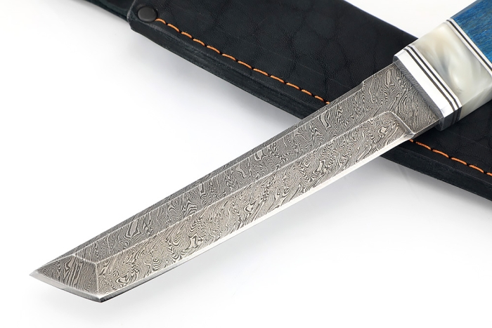 Нож Самурай малый (дамаск, акрил белый, карельская береза синяя)