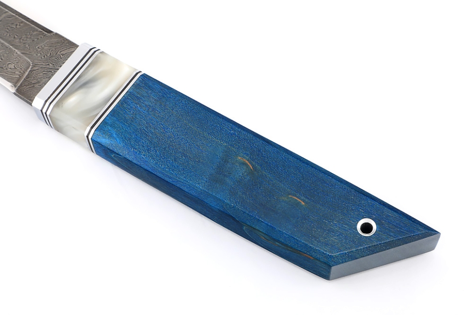 Нож Самурай малый (дамаск, акрил белый, карельская береза синяя)