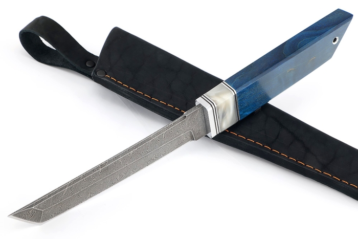 Нож Самурай малый (дамаск, акрил белый, карельская береза синяя)