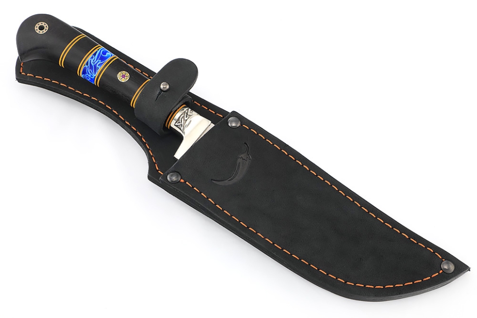 Нож Узбек-2 (порошковая сталь S390, вставка акрил синий, черный граб)