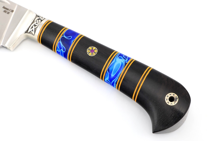 Нож Узбек-2 (порошковая сталь S390, вставка акрил синий, черный граб)