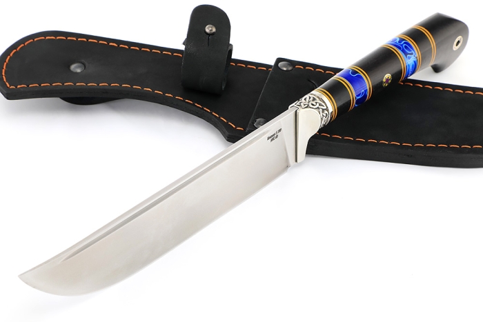 Нож Узбек-2 (порошковая сталь S390, вставка акрил синий, черный граб)