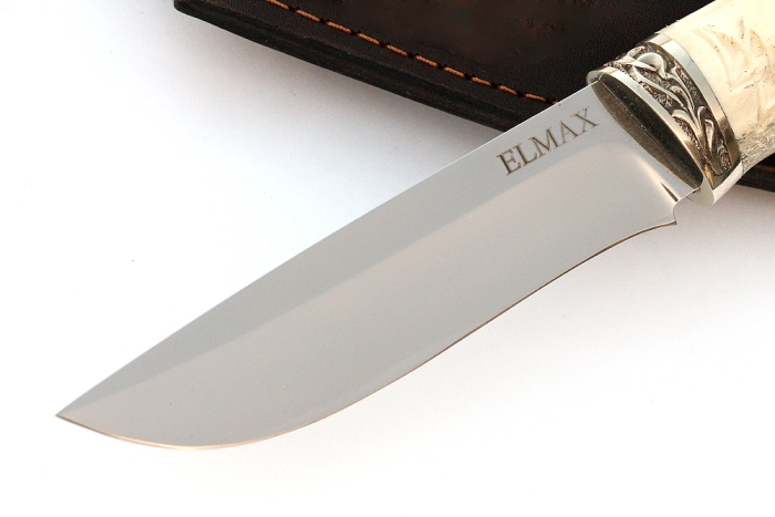 Нож Соболь (порошковая сталь Elmax, рог лося - мельхиор), резьба ручной работы