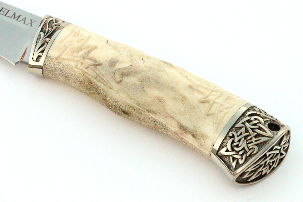 Нож Соболь (порошковая сталь Elmax, рог лося - мельхиор), резьба ручной работы