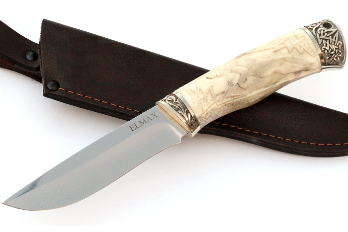 Нож Соболь (порошковая сталь Elmax, рог лося - мельхиор), резьба ручной работы