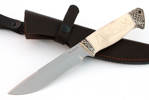 Нож Флагман (порошковая сталь Elmax, рог лося- мельхиор) резьба ручной работы 