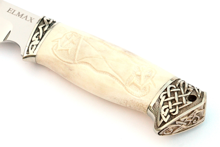 Нож Флагман (порошковая сталь Elmax, рог лося- мельхиор) резьба ручной работы