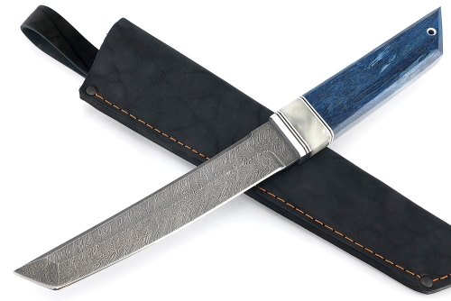 Нож Самурай (дамаск, акрил белый, карельская береза синяя)