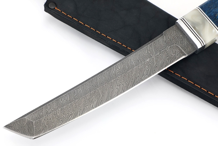 Нож Самурай (дамаск, акрил белый, карельская береза синяя)