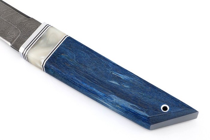 Нож Самурай (дамаск, акрил белый, карельская береза синяя)
