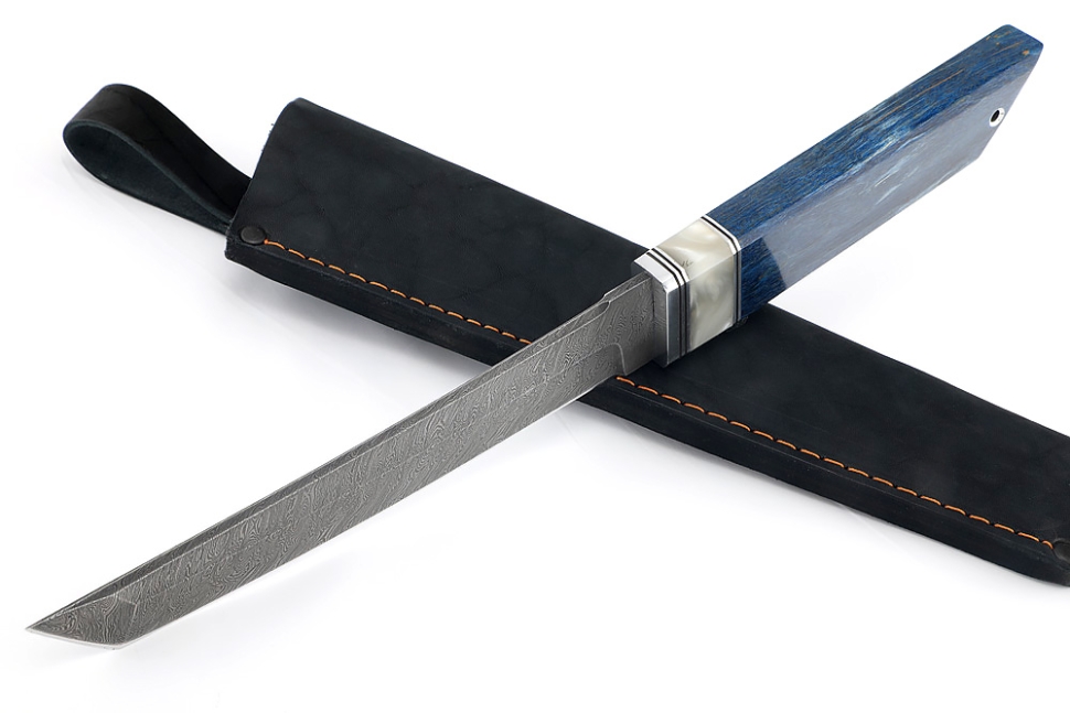 Нож Самурай (дамаск, акрил белый, карельская береза синяя)