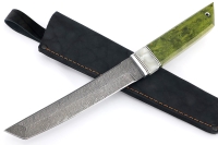 Нож Самурай (дамаск, акрил белый, карельская береза зеленая)