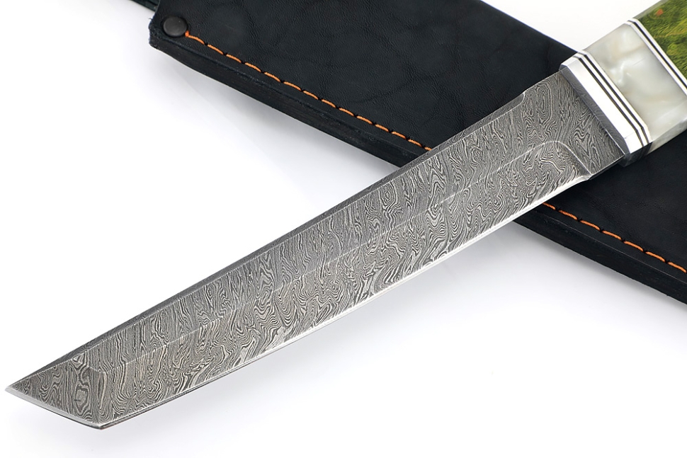 Нож Самурай (дамаск, акрил белый, карельская береза зеленая)