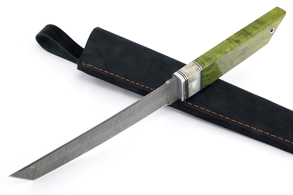 Нож Самурай (дамаск, акрил белый, карельская береза зеленая)