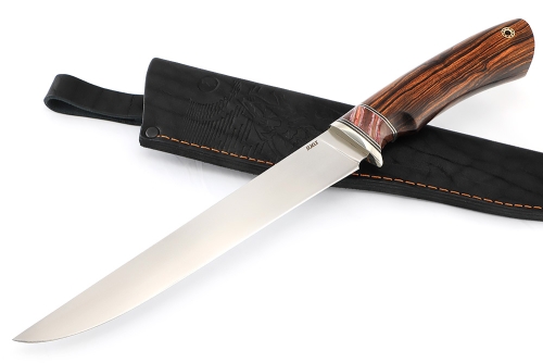 Нож Филейный большой сталь Elmax рукоять низельбер, вставка зуб мамонта красный, железное дерево