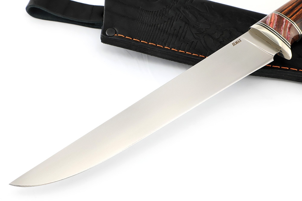 Нож Филейный большой сталь Elmax рукоять низельбер, вставка зуб мамонта красный, железное дерево