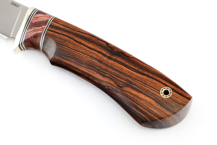 Нож Филейный большой сталь Elmax рукоять низельбер, вставка зуб мамонта красный, железное дерево