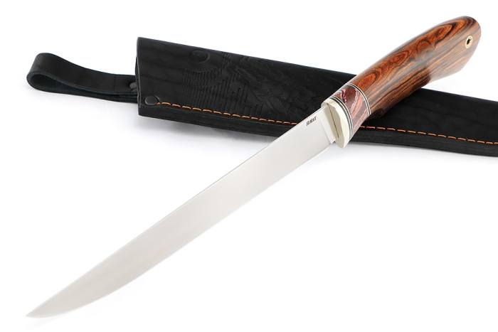 Нож Филейный большой сталь Elmax рукоять низельбер, вставка зуб мамонта красный, железное дерево