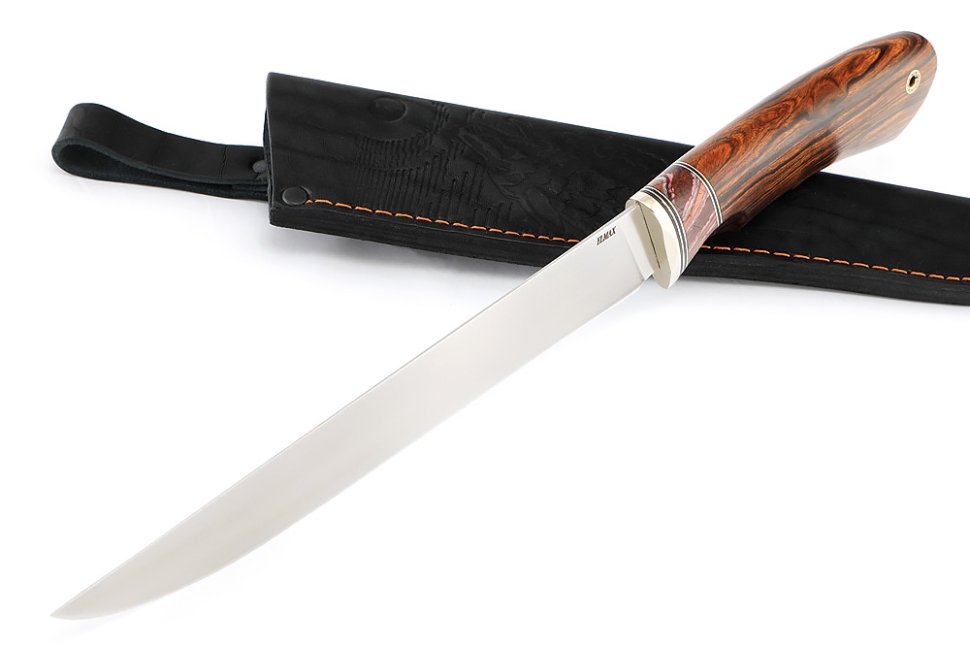 Нож Филейный большой сталь Elmax рукоять низельбер, вставка зуб мамонта красный, железное дерево