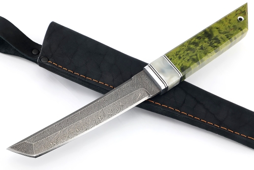Нож Самурай малый (дамаск, акрил белый, карельская береза зеленая)