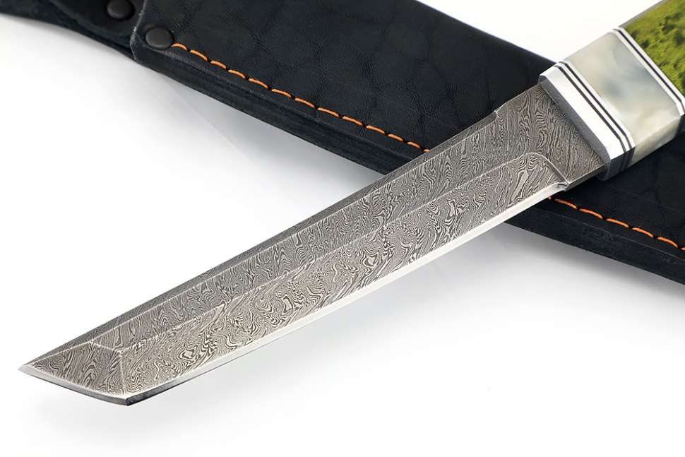 Нож Самурай малый (дамаск, акрил белый, карельская береза зеленая)