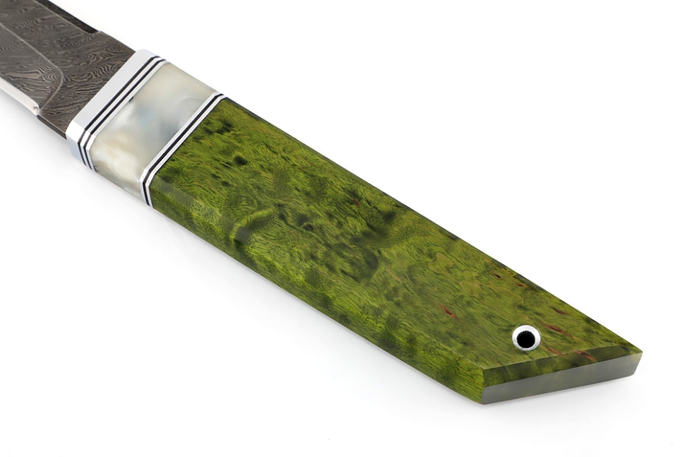 Нож Самурай малый (дамаск, акрил белый, карельская береза зеленая)