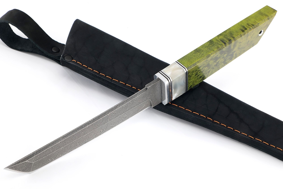 Нож Самурай малый (дамаск, акрил белый, карельская береза зеленая)
