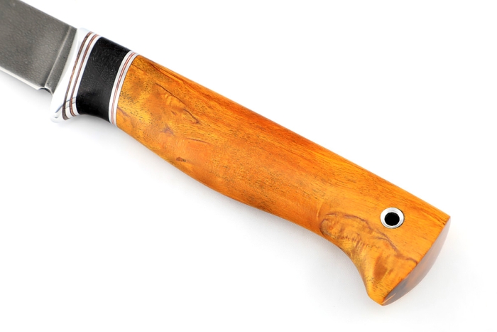 Нож Зубатка (ХВ5-Алмазка, карельская берёза янтарная, вставка черный граб)