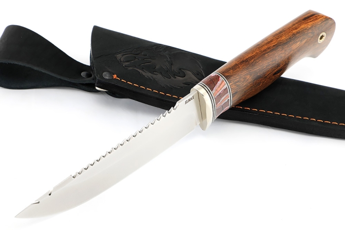Нож Судак большой (Elmax, низельбер, стабилизированный зуб мамонта, железное дерево)