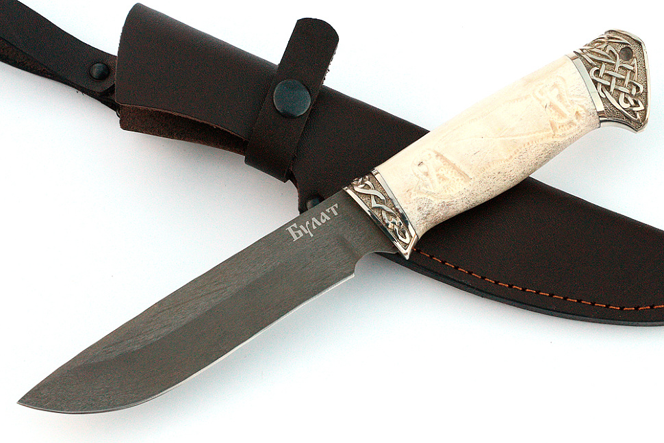 Нож Флагман (булат, рог лося- мельхиор) резьба ручной работы