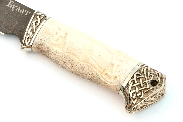 Нож Флагман (булат, рог лося- мельхиор) резьба ручной работы