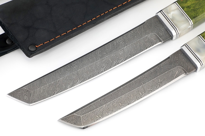 Комплект из 2 ножей Самурай дамаск рукоять вставка акрил белый, карельская береза зеленая