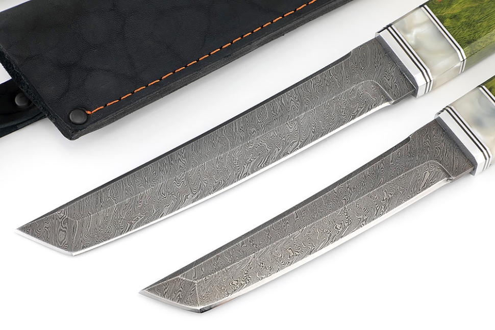 Комплект из 2 ножей Самурай дамаск рукоять вставка акрил белый, карельская береза зеленая