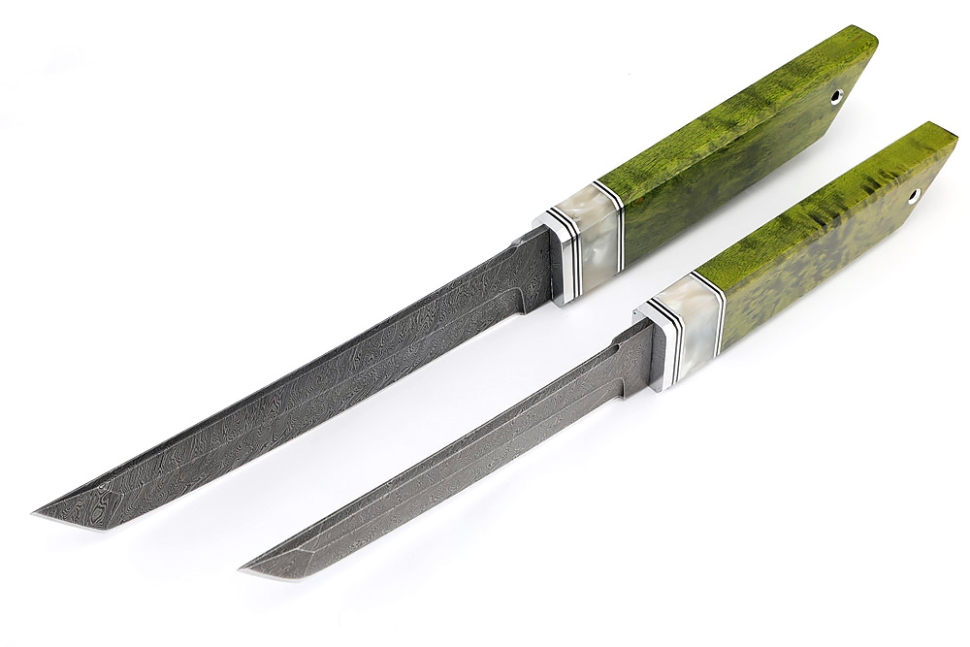 Комплект из 2 ножей Самурай дамаск рукоять вставка акрил белый, карельская береза зеленая