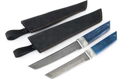 Комплект из 2 ножей Самурай дамаск рукоять вставка акрил белый, карельская береза синяя