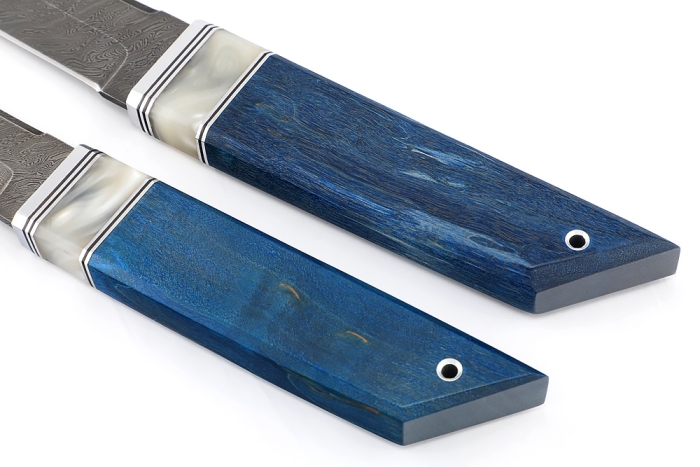 Комплект из 2 ножей Самурай дамаск рукоять вставка акрил белый, карельская береза синяя