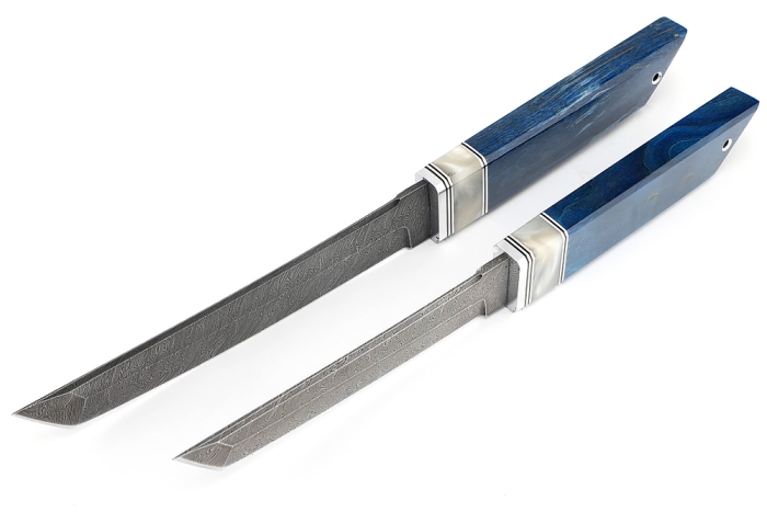 Комплект из 2 ножей Самурай дамаск рукоять вставка акрил белый, карельская береза синяя