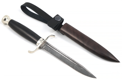 Нож Классика (дамаск-долы, чёрный граб - мельхиор) деревянные ножны