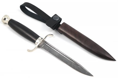 Нож Классика (дамаск-долы, чёрный граб - мельхиор) деревянные ножны
