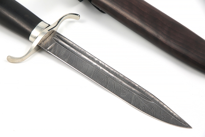 Нож Классика (дамаск-долы, чёрный граб - мельхиор) деревянные ножны