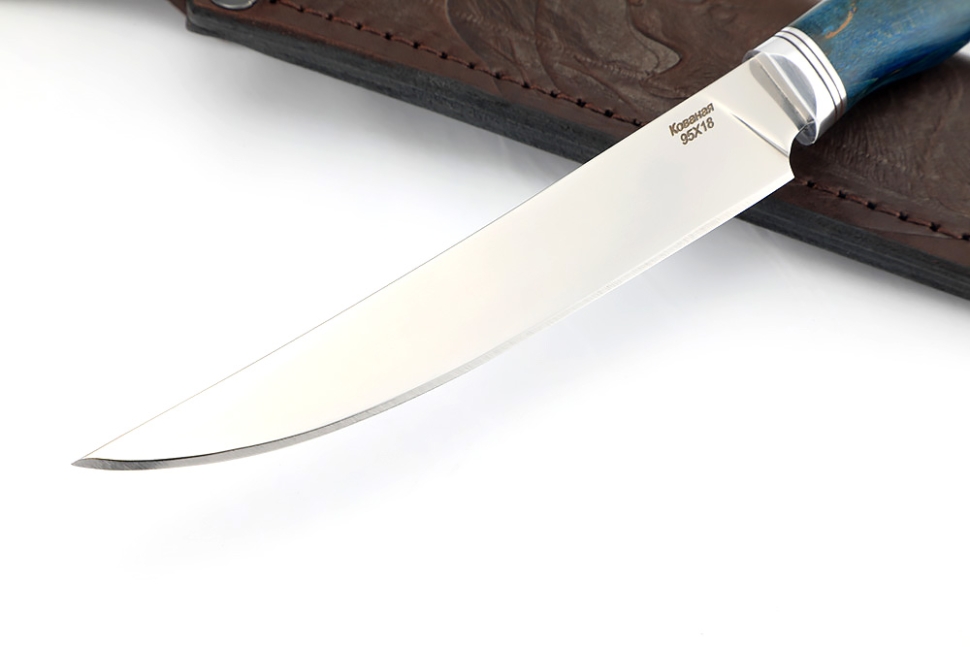 Нож для стейков сталь кованая 95Х18 рукоять карельская береза синяя