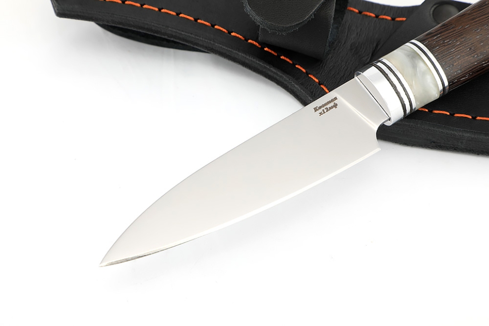 Нож Шеф малый - овощной (Х12МФ, рукоять вставка акрил белый - венге)