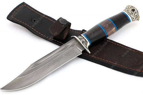 Нож Атака (Р18, рукоять наборная чёрный граб, стабилизированная карельская берёза, фибра, мельхиор)