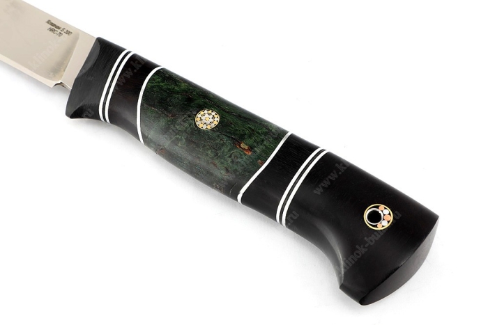 Нож Зубатка (S390, гарда карбон, коричневая карельская берёза - чёрный граб, пины)