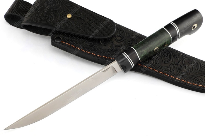 Нож Зубатка (S390, гарда карбон, коричневая карельская берёза - чёрный граб, пины)