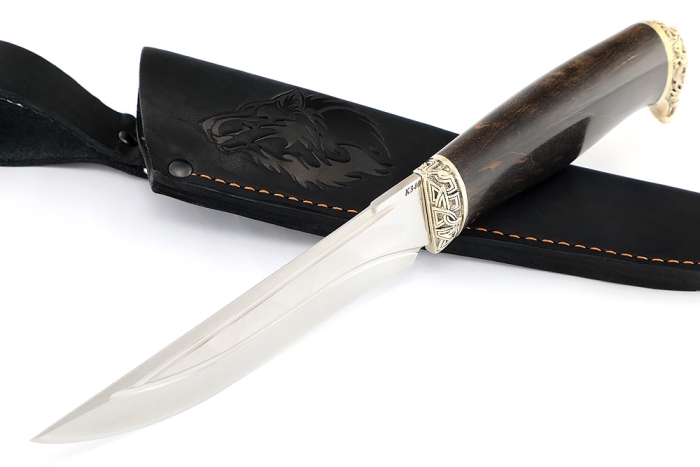 Нож Стрела (К340, долы-камень, карельская береза коричневая, мельхиор)