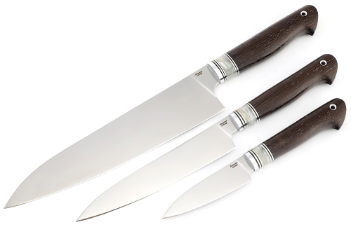 Комплект из 3-х кухонный ножей кованая сталь Х12МФ рукоять вставка акрил белый, венге